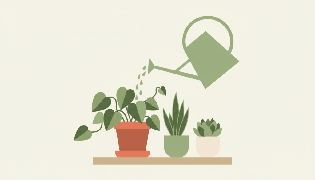 Illustration of a watering can watering a potted houseplant beside a snake plant and a succulent