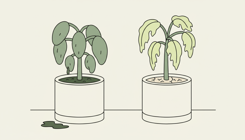 Illustration comparing an overwatered plant with limp leaves and wet soil to an underwatered plant with dry crispy leaves