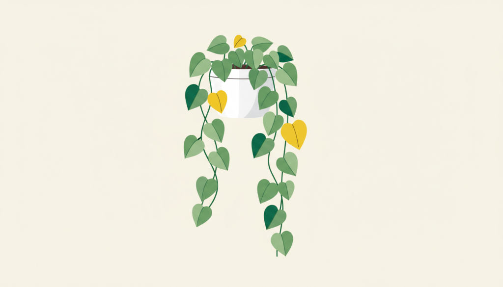 Illustration of a trailing pothos plant with a few yellow leaves in a white pot